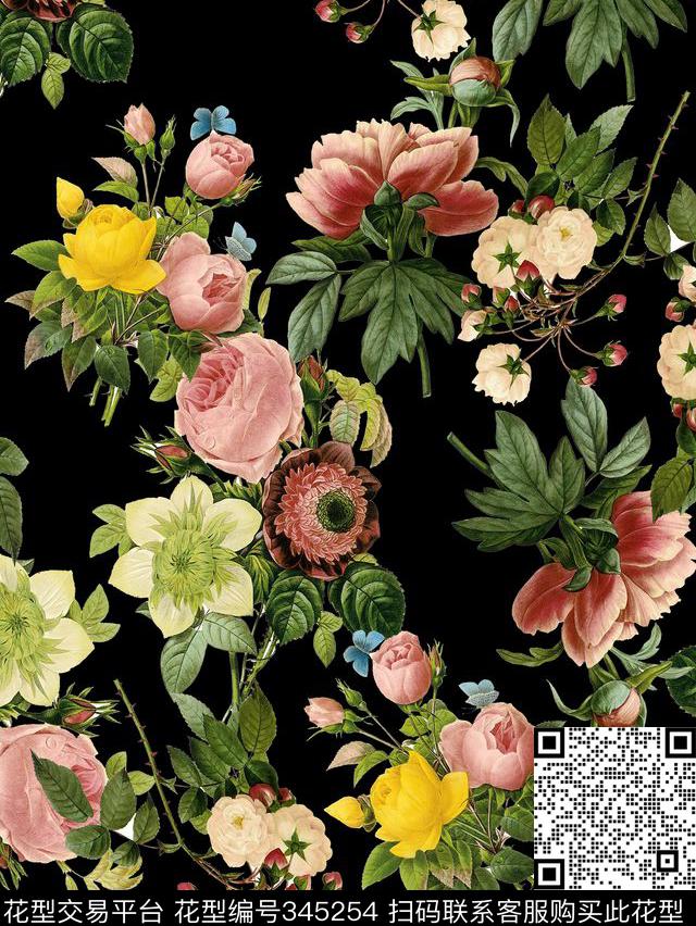 玫瑰花朵花卉数码印花华亿平台下载（图片编号: 345254） - 瓦栏（Walan）