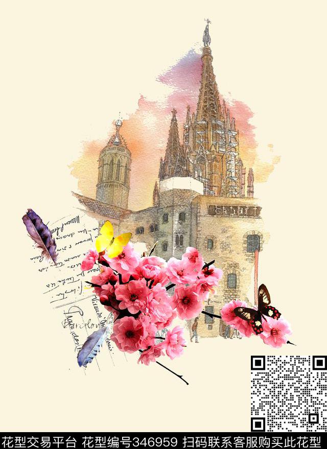 休闲欧式建筑桃花羽毛蝴蝶数码印花华亿平台下载（图片编号: 346959） - 瓦栏（Walan）