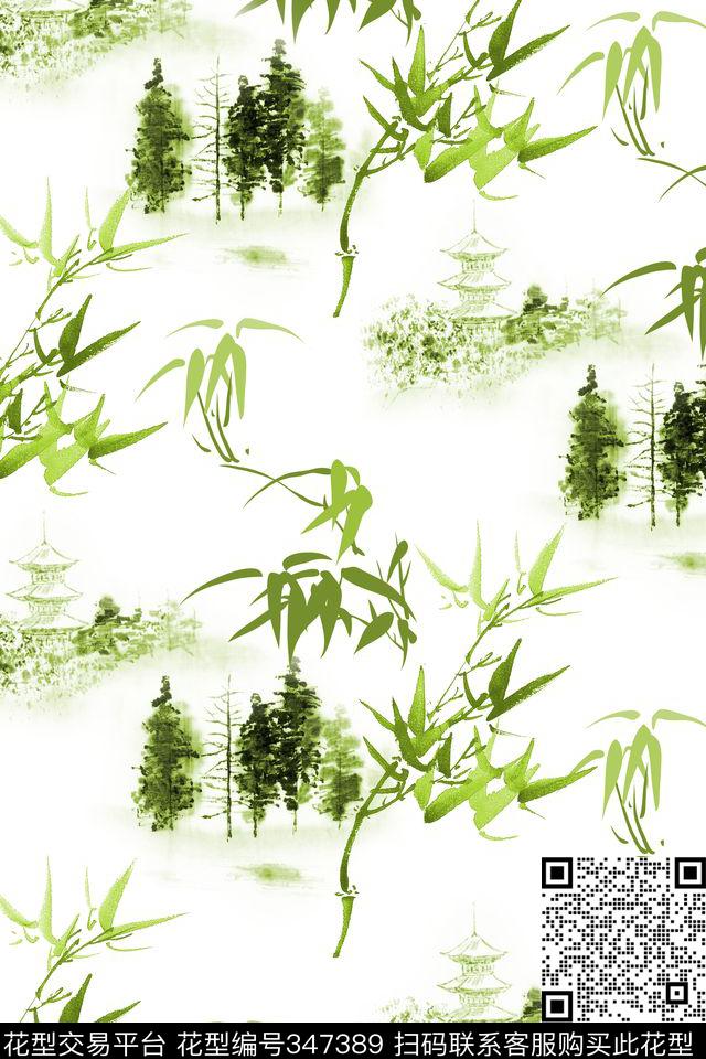 中国风竹子水墨数码印花华亿平台下载（图片编号: 347389） - 瓦栏（Walan）