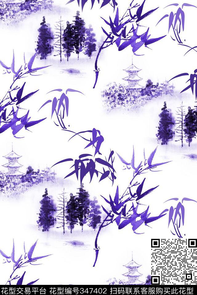 中国风竹子水墨数码印花华亿平台下载（图片编号: 347402） - 瓦栏（Walan）