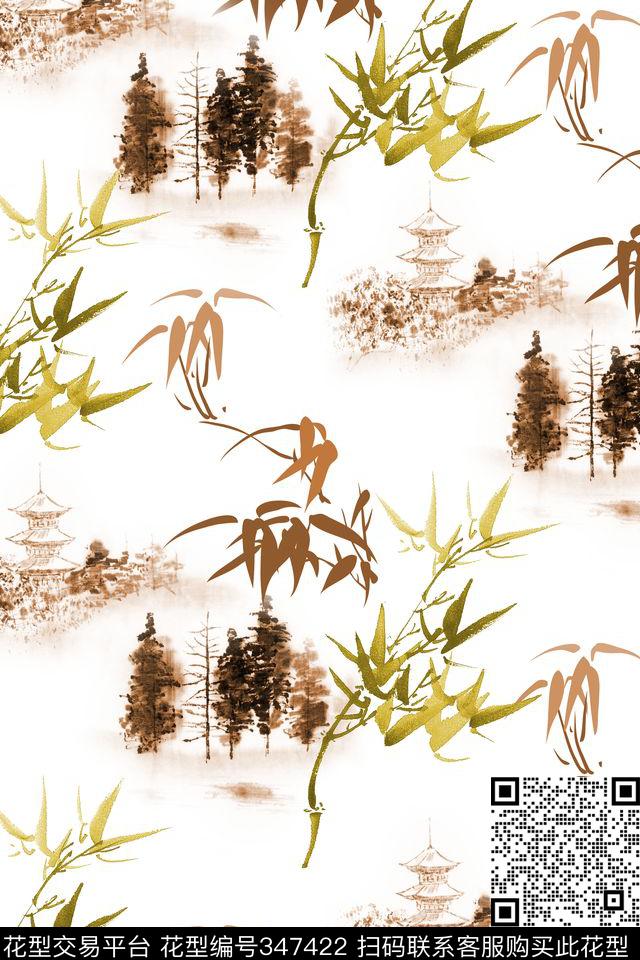 中国风竹子水墨数码印花华亿平台下载（图片编号: 347422） - 瓦栏（Walan）