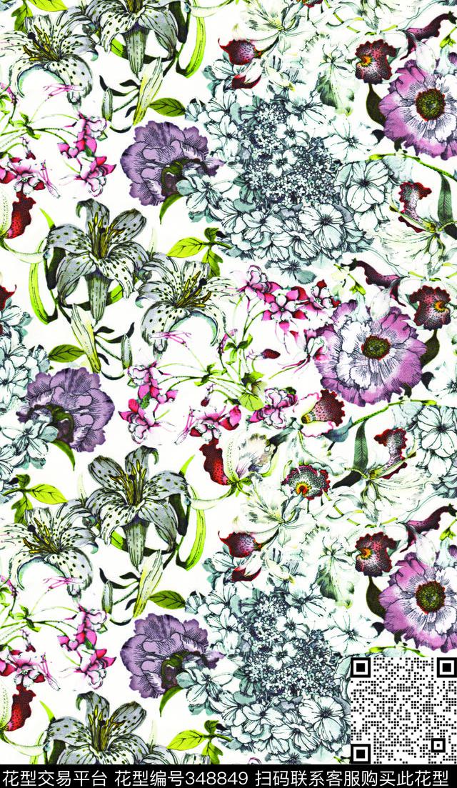 流行时尚简单花会流行时尚花卉数码印花华亿平台下载（图片编号: 348849） - 瓦栏（Walan）