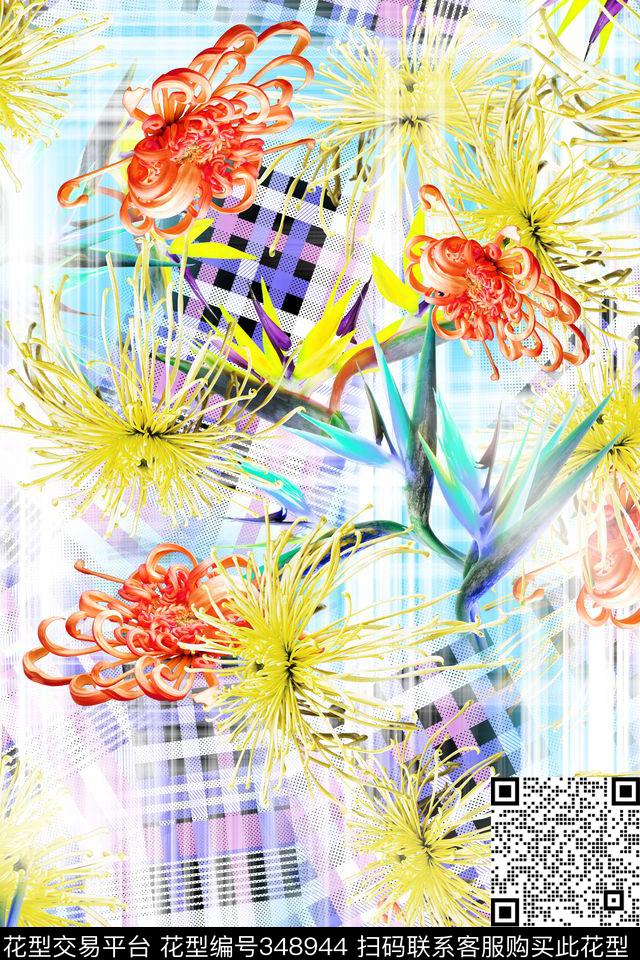 几何花卉格子数码印花华亿平台下载（图片编号: 348944） - 瓦栏（Walan）