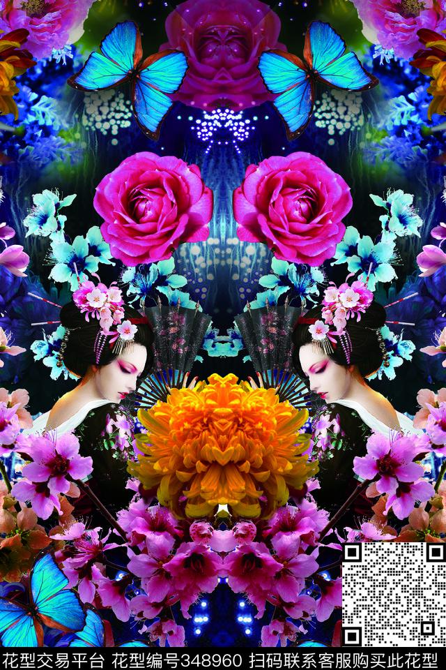 定位花卉蝴蝶数码印花华亿平台下载（图片编号: 348960） - 瓦栏（Walan）
