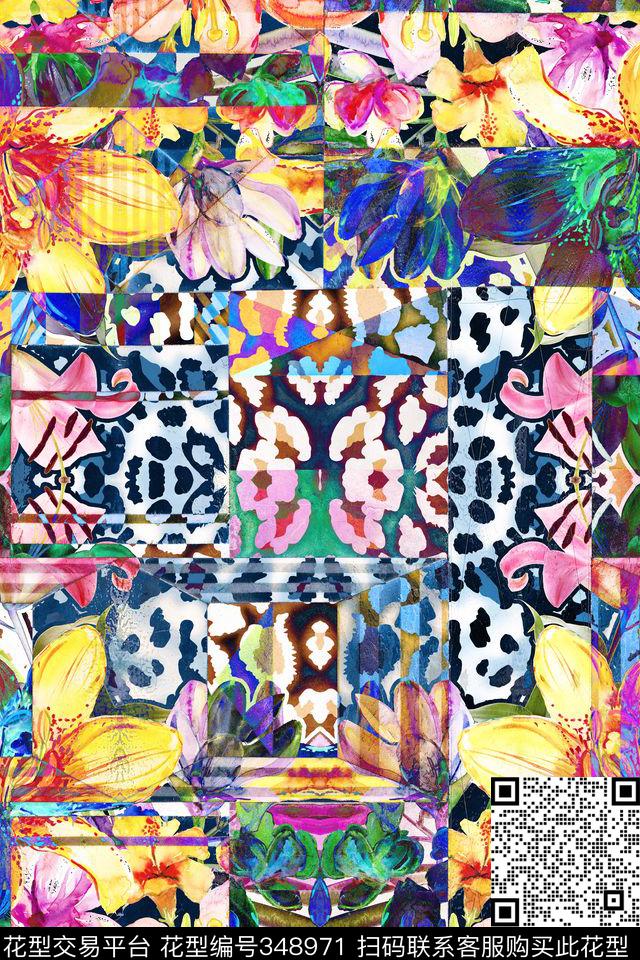 拼接几何豹纹数码印花华亿平台下载（图片编号: 348971） - 瓦栏（Walan）
