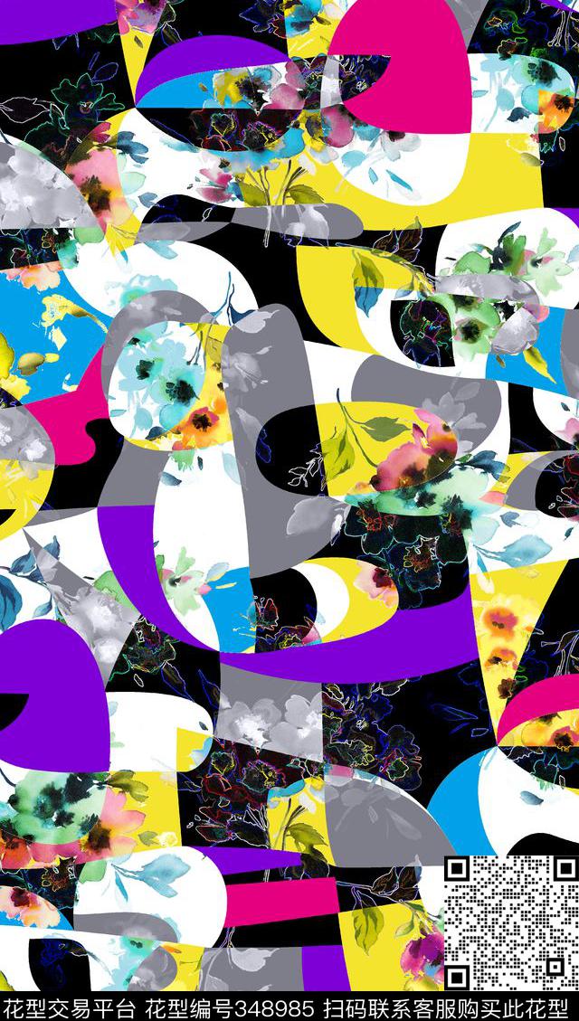 几何花卉拼接数码印花华亿平台下载（图片编号: 348985） - 瓦栏（Walan）
