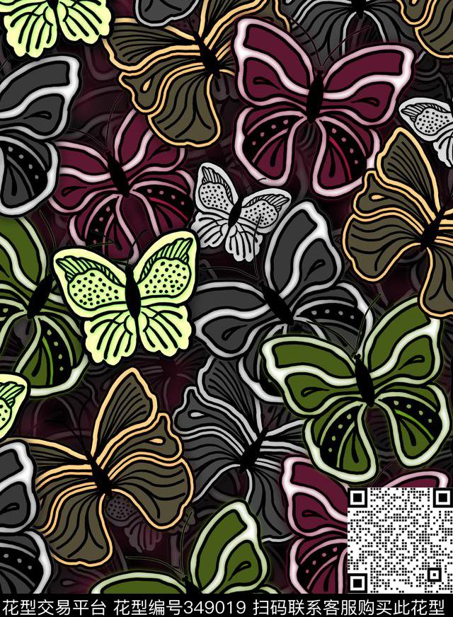 蝴蝶线条纯色底传统印花华亿平台下载（图片编号: 349019） - 瓦栏（Walan）