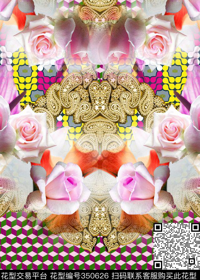 花卉和风几何数码印花华亿平台下载（图片编号: 350626） - 瓦栏（Walan）