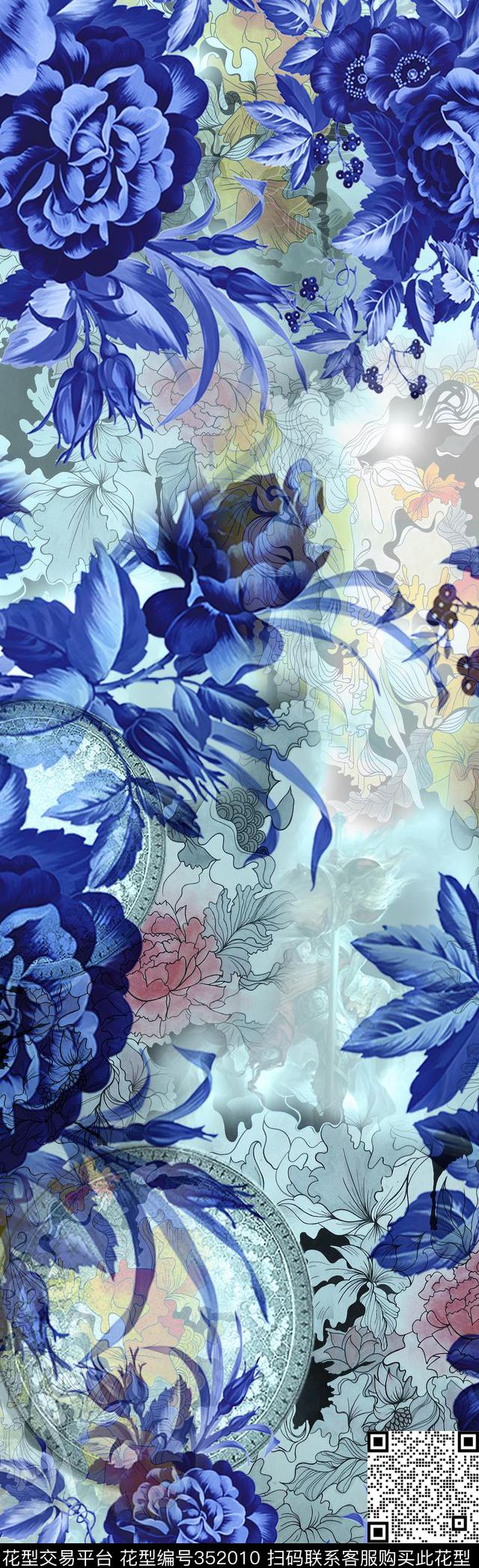 大花花卉古典数码印花华亿平台下载（图片编号: 352010） - 瓦栏（Walan）