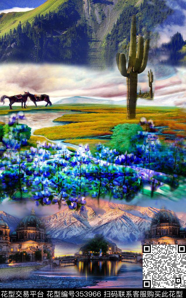 天空风景山脉数码印花华亿平台下载（图片编号: 353966） - 瓦栏（Walan）