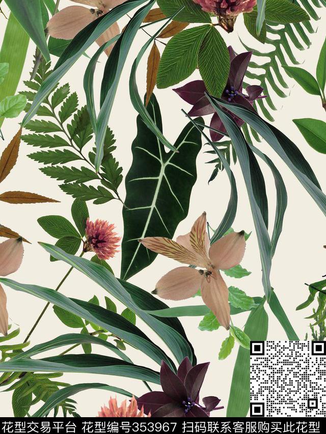 棕榈叶热带花卉数码印花华亿平台下载（图片编号: 353967） - 瓦栏（Walan）