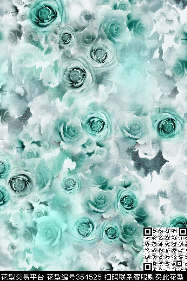 清新花卉玫瑰数码印花华亿平台下载（图片编号: 354525） - 瓦栏（Walan）