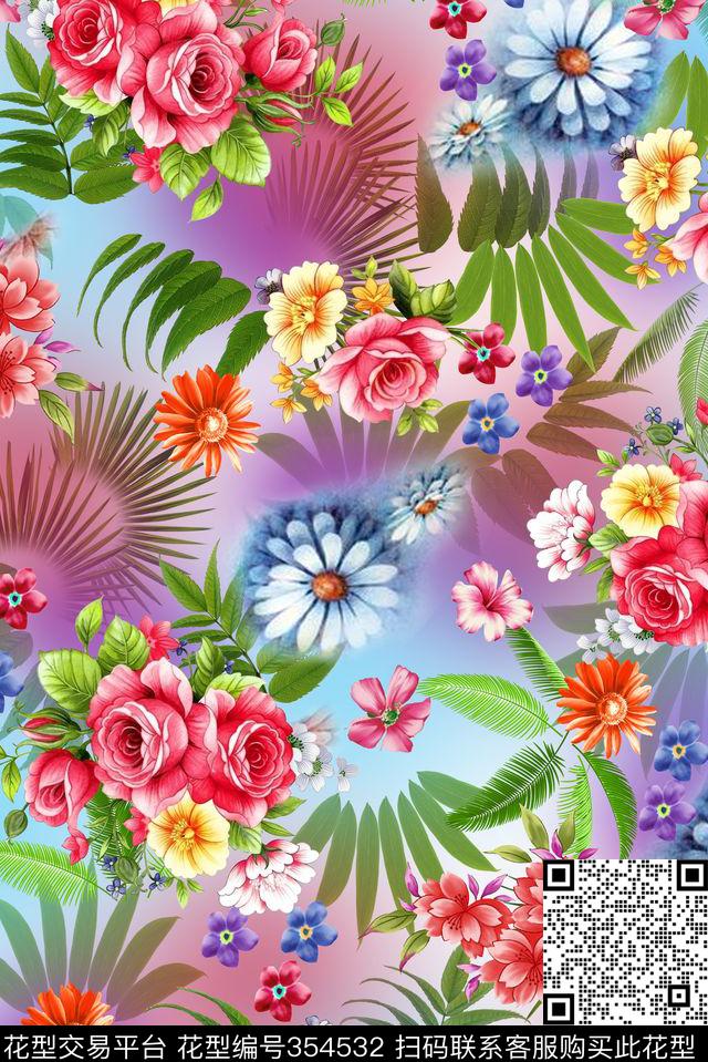 枝条植物花卉数码印花华亿平台下载（图片编号: 354532） - 瓦栏（Walan）