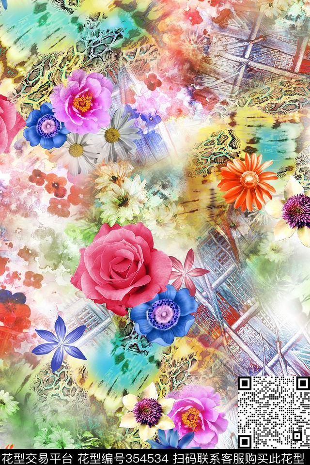 花卉抽象几何数码印花华亿平台下载（图片编号: 354534） - 瓦栏（Walan）