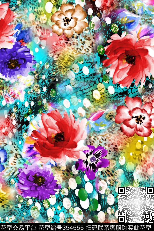 手绘花卉抽象数码印花华亿平台下载（图片编号: 354555） - 瓦栏（Walan）