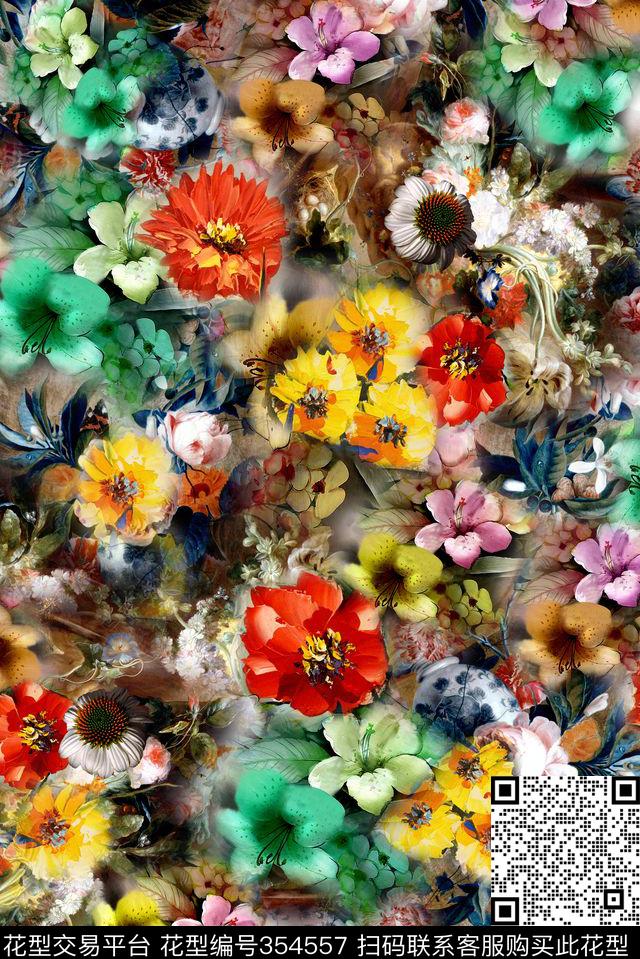 手绘花卉植物油画数码印花华亿平台下载（图片编号: 354557） - 瓦栏（Walan）