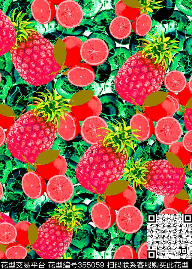 菠萝果实自然写意数码印花华亿平台下载（图片编号: 355059） - 瓦栏（Walan）