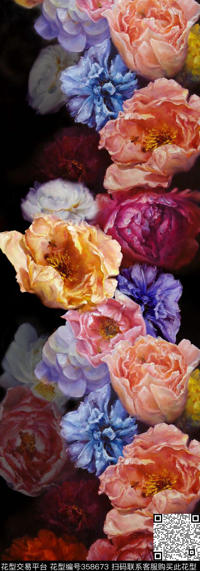 花卉黑底长巾数码印花华亿平台下载（图片编号: 358673） - 瓦栏（Walan）