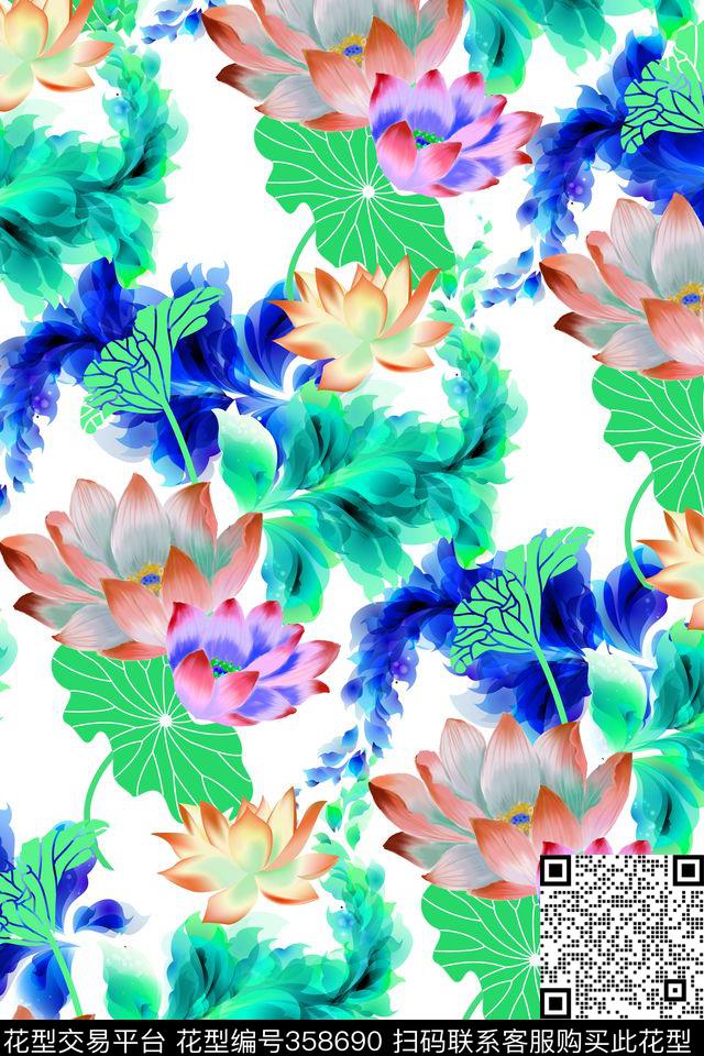 中国风手绘莲花荷花数码印花华亿平台下载（图片编号: 358690） - 瓦栏（Walan）