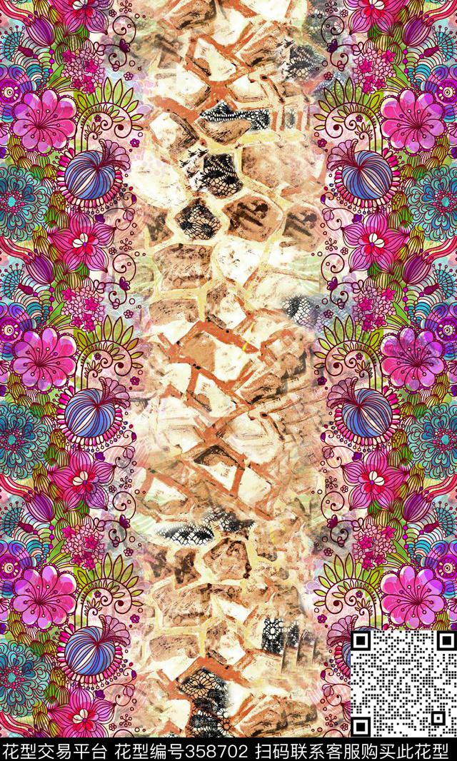 格纹对称花数码印花华亿平台下载（图片编号: 358702） - 瓦栏（Walan）