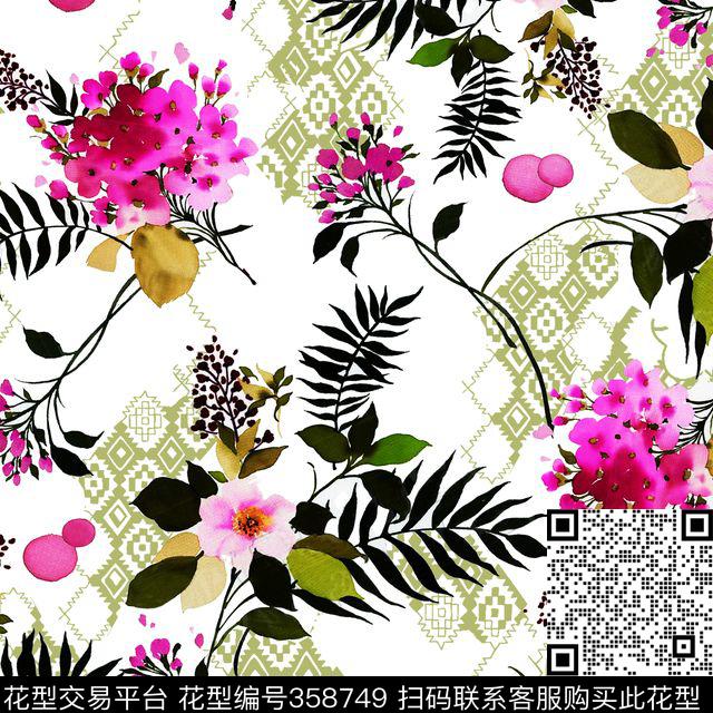 花卉几何手绘花传统印花华亿平台下载（图片编号: 358749） - 瓦栏（Walan）