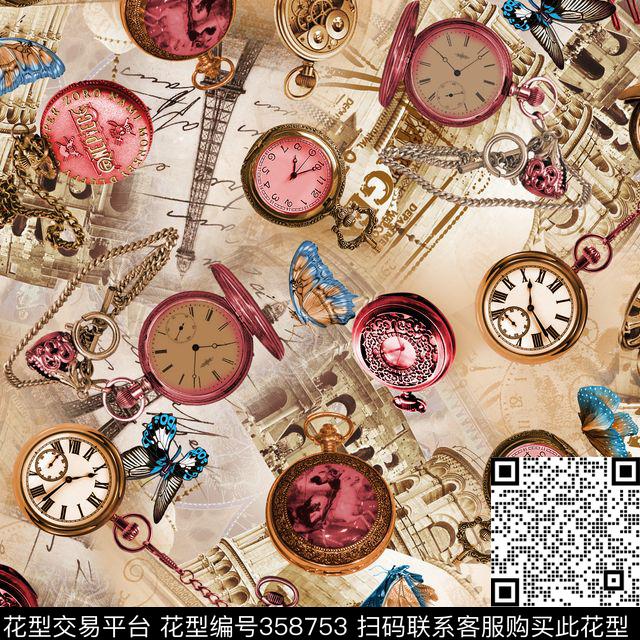 钟表建筑蝴蝶数码印花华亿平台下载（图片编号: 358753） - 瓦栏（Walan）