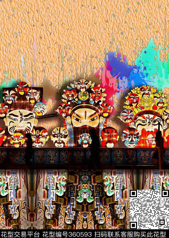 民族风脸谱古建筑数码印花华亿平台下载（图片编号: 360593） - 瓦栏（Walan）