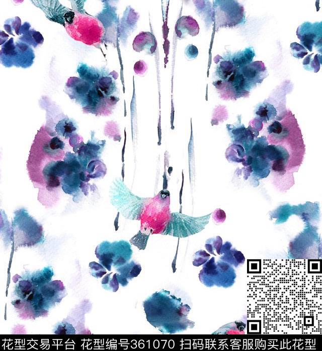 水墨花鸟蓝色数码印花华亿平台下载（图片编号: 361070） - 瓦栏（Walan）