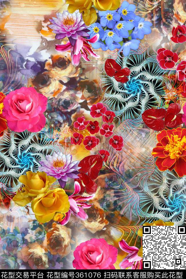 抽象花卉手绘数码印花华亿平台下载（图片编号: 361076） - 瓦栏（Walan）