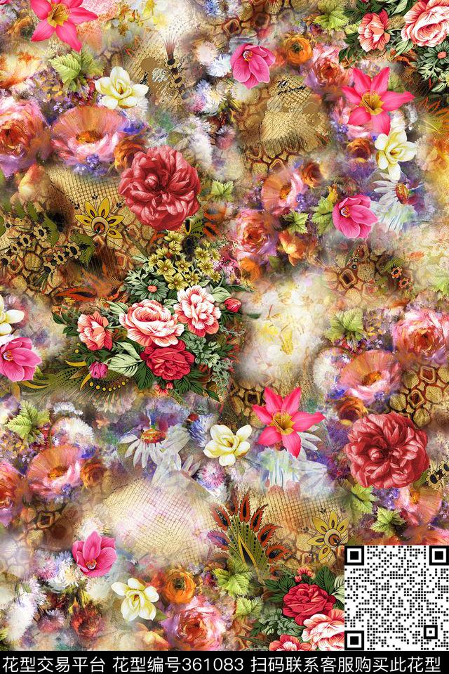 抽象花卉油画数码印花华亿平台下载（图片编号: 361083） - 瓦栏（Walan）