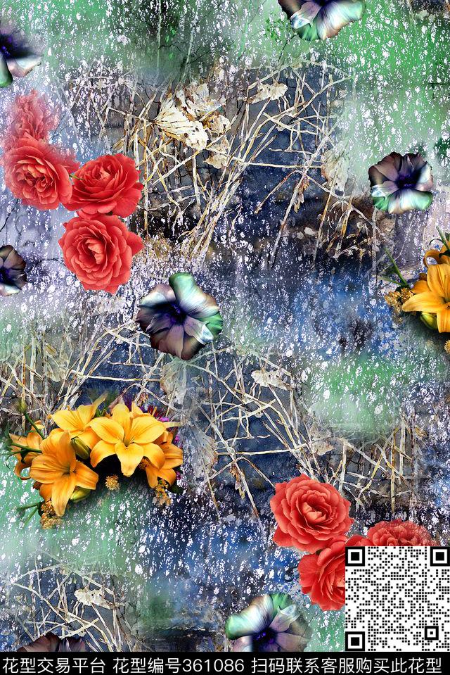 中国风手绘花花卉数码印花华亿平台下载（图片编号: 361086） - 瓦栏（Walan）