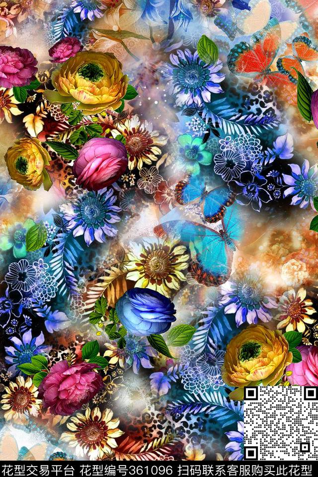 花卉手绘花蝴蝶数码印花华亿平台下载（图片编号: 361096） - 瓦栏（Walan）