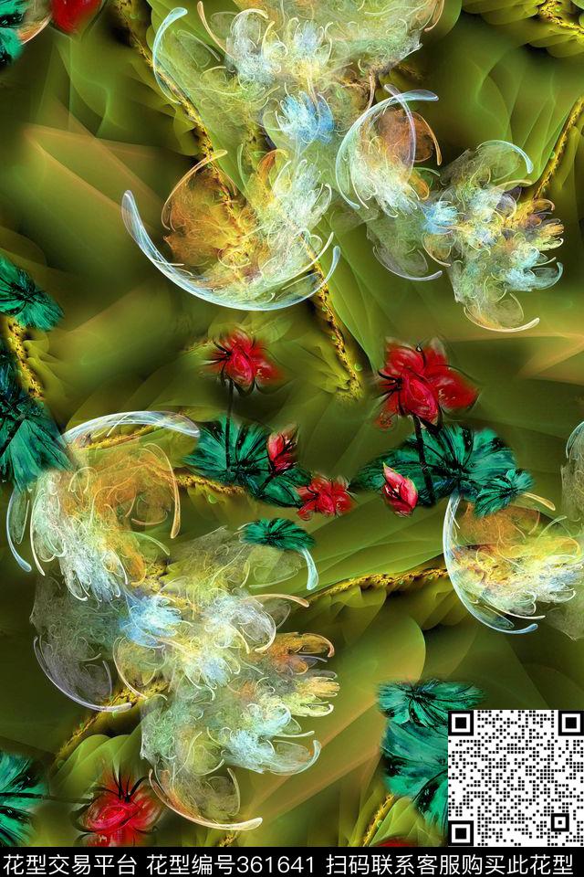 抽象图案炫彩底纹红花数码印花华亿平台下载（图片编号: 361641） - 瓦栏（Walan）