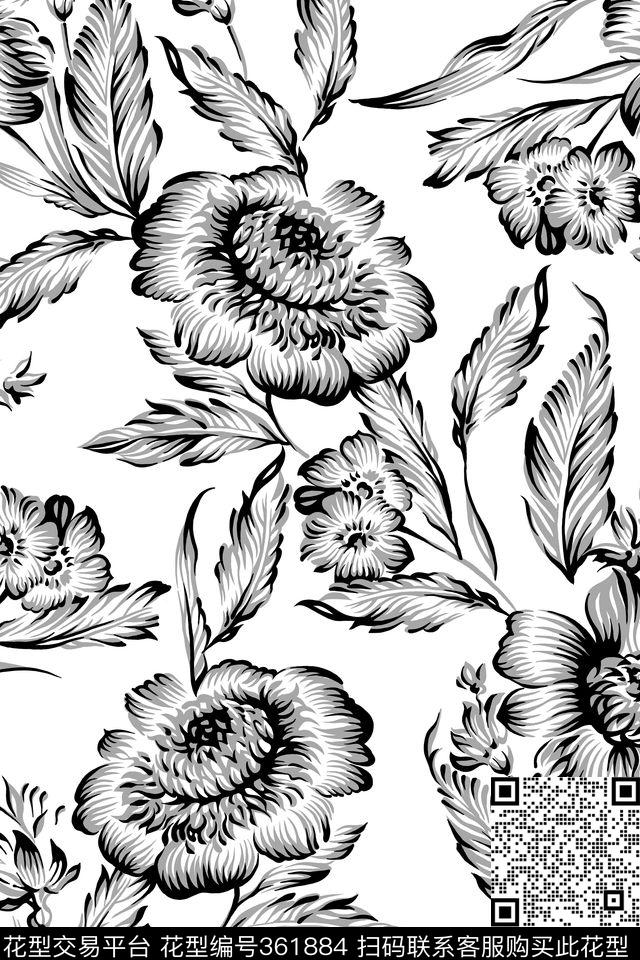 黑白立体花卉蕾丝传统印花华亿平台下载（图片编号: 361884） - 瓦栏（Walan）