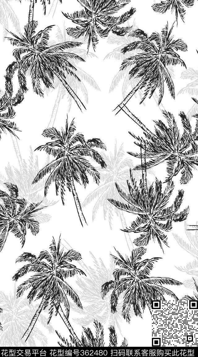 棕榈叶热带黑白传统印花华亿平台下载（图片编号: 362480） - 瓦栏（Walan）