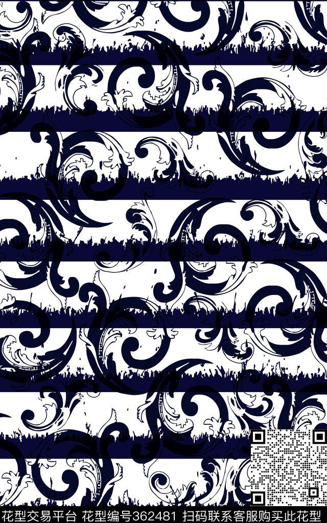 几何条纹卷草花纹传统印花华亿平台下载（图片编号: 362481） - 瓦栏（Walan）