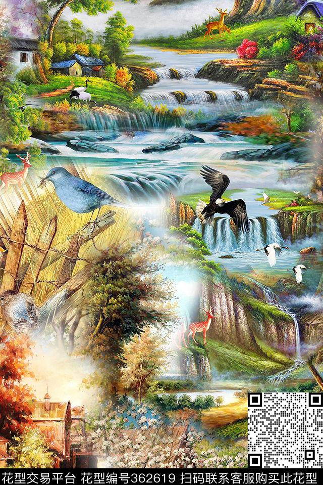 山水手绘风景数码印花华亿平台下载（图片编号: 362619） - 瓦栏（Walan）