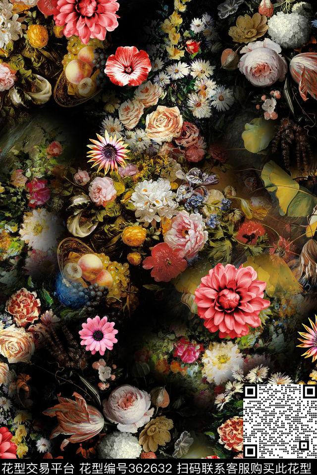 花卉油画复古数码印花华亿平台下载（图片编号: 362632） - 瓦栏（Walan）