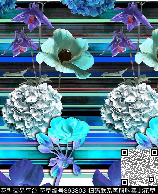 花卉蓝色花朵数码印花华亿平台下载（图片编号: 363803） - 瓦栏（Walan）