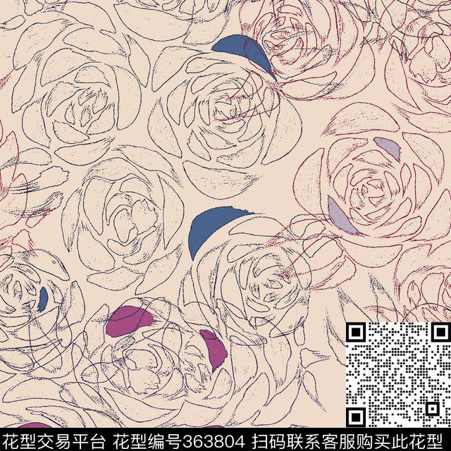 抽象花朵线描花卉传统印花华亿平台下载（图片编号: 363804） - 瓦栏（Walan）