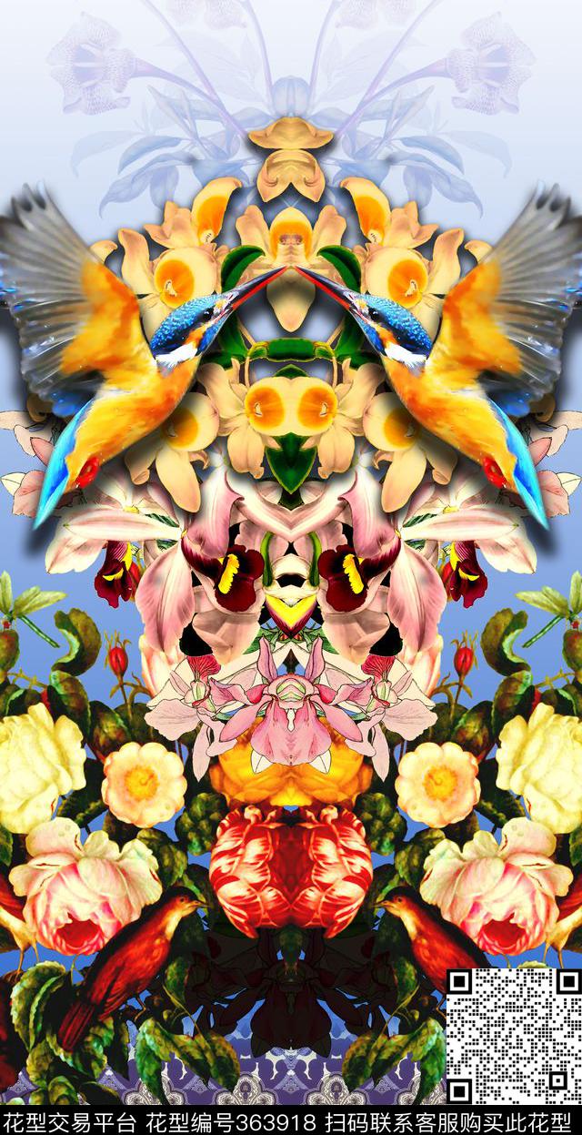 定位对称花卉数码印花华亿平台下载（图片编号: 363918） - 瓦栏（Walan）