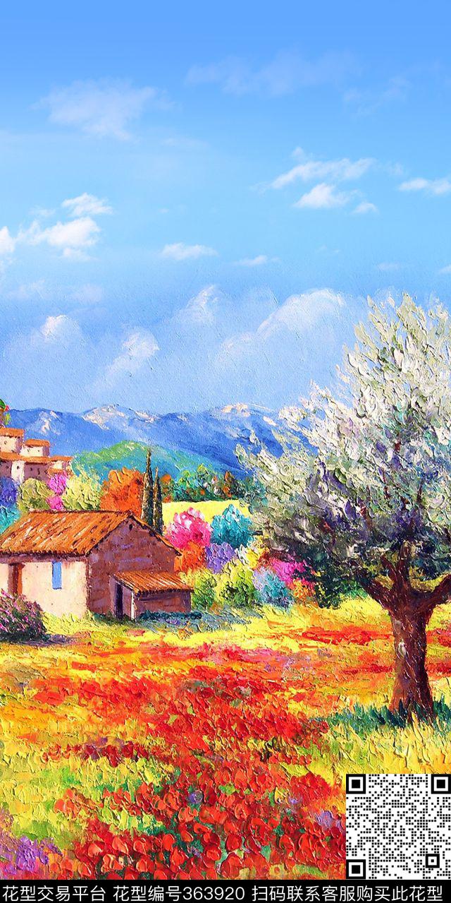 独副油画风景蓝天白云数码印花华亿平台下载（图片编号: 363920） - 瓦栏（Walan）