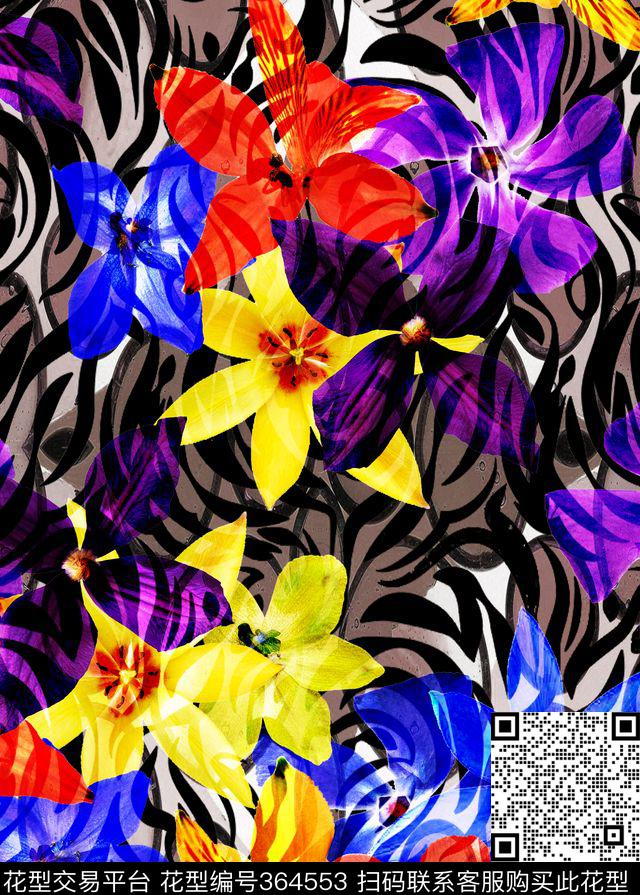 写实斑马纹花卉数码印花华亿平台下载（图片编号: 364553） - 瓦栏（Walan）