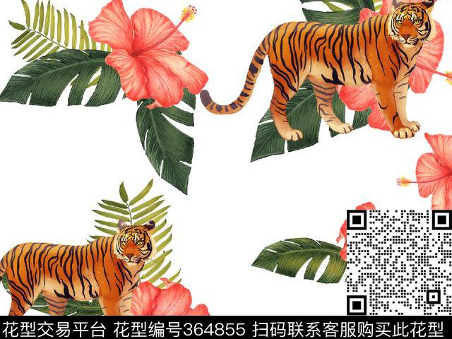 老虎扶桑花热带花卉数码印花华亿平台下载（图片编号: 364855） - 瓦栏（Walan）
