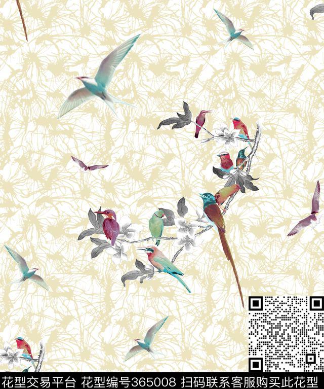 中国风小鸟暗纹底数码印花华亿平台下载（图片编号: 365008） - 瓦栏（Walan）