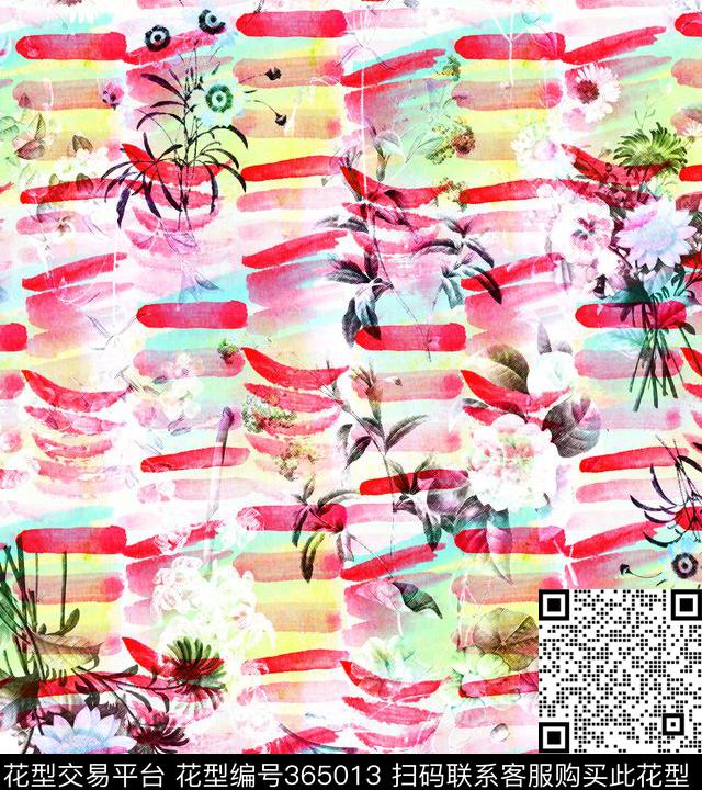 抽象肌理花卉手绘笔触数码印花华亿平台下载（图片编号: 365013） - 瓦栏（Walan）