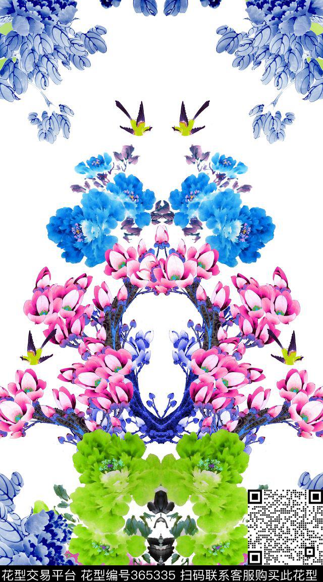 青花瓷中国风玉兰花数码印花华亿平台下载（图片编号: 365335） - 瓦栏（Walan）