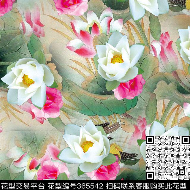 花卉复古荷花数码印花华亿平台下载（图片编号: 365542） - 瓦栏（Walan）