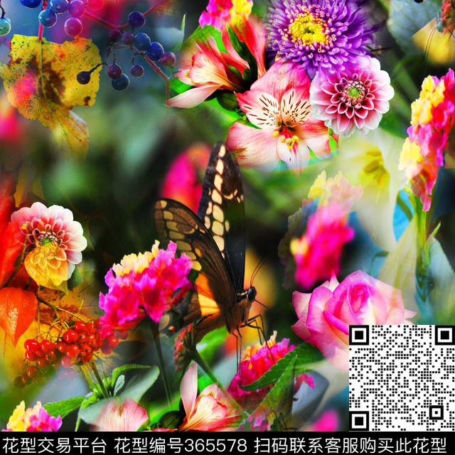 花卉蝴蝶层次数码印花华亿平台下载（图片编号: 365578） - 瓦栏（Walan）