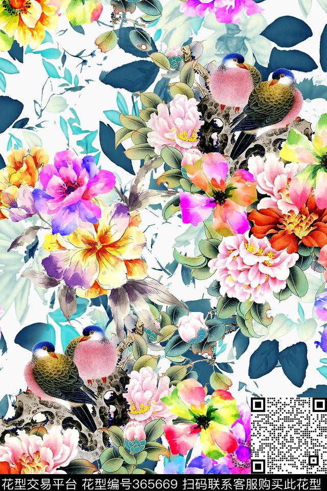 花卉小鸟炫彩数码印花华亿平台下载（图片编号: 365669） - 瓦栏（Walan）